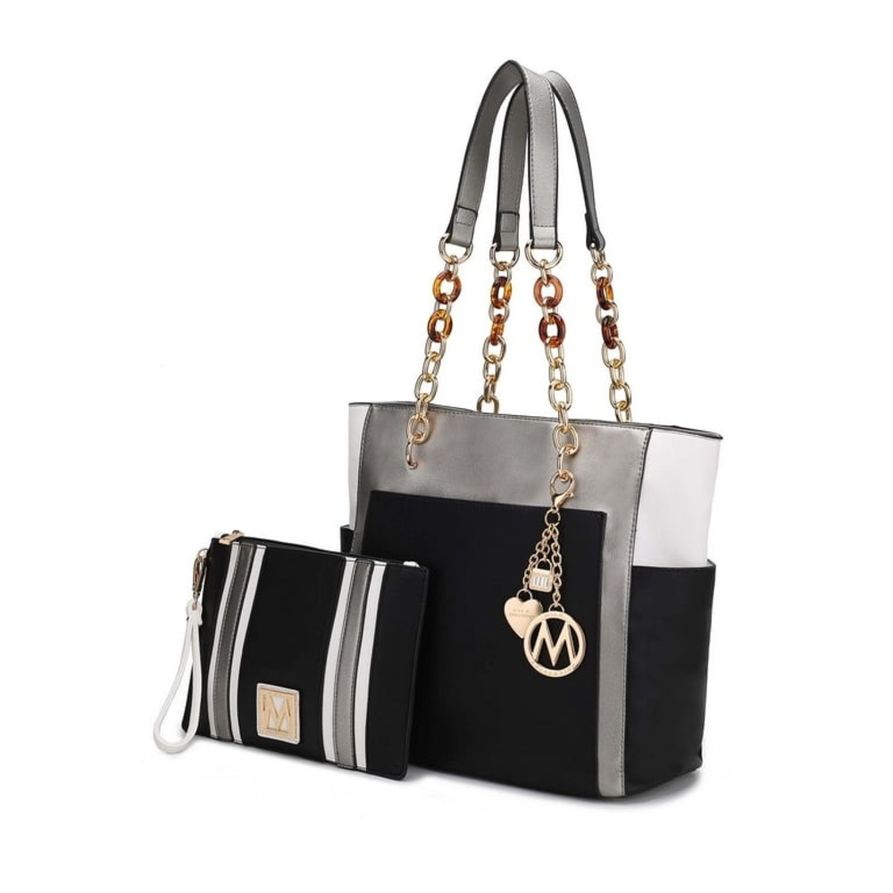 Chic Black and Gray Tote Bag Set with Gold Accents